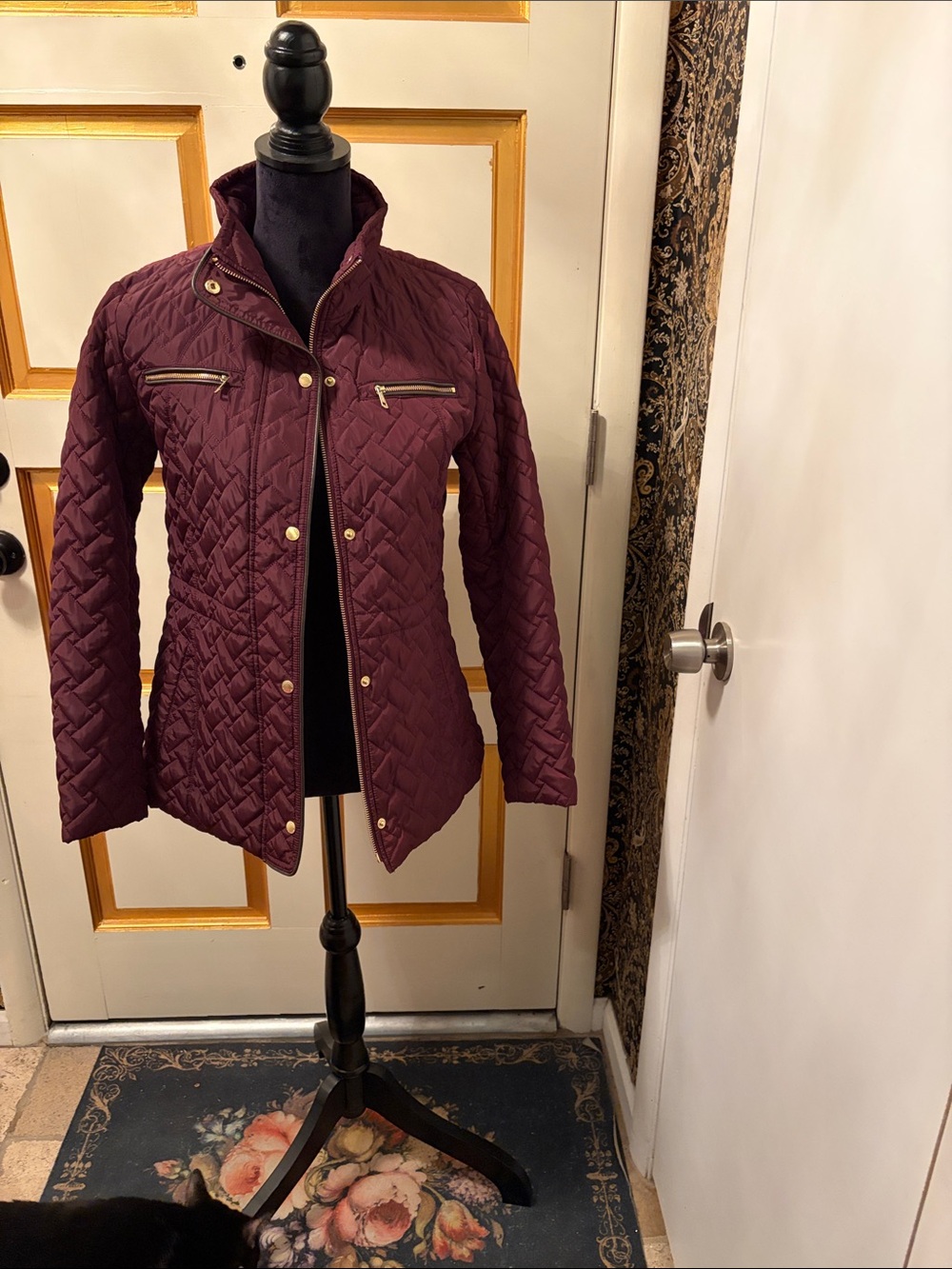 Cole Haan Quilted Puffer Jacket in Burgundy with Gold Hardware